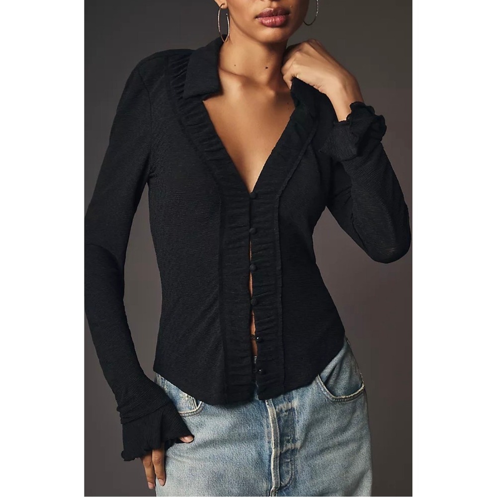Anthropologie Black Ruffle V-Neck Long Sleeve Button Front Top XL